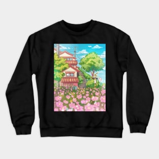 The cute Japanese landscape view with the traditional house, blue sky, and pink flowers. A great aesthetic  gift for those who love nature, Japan, anime and manga style Crewneck Sweatshirt